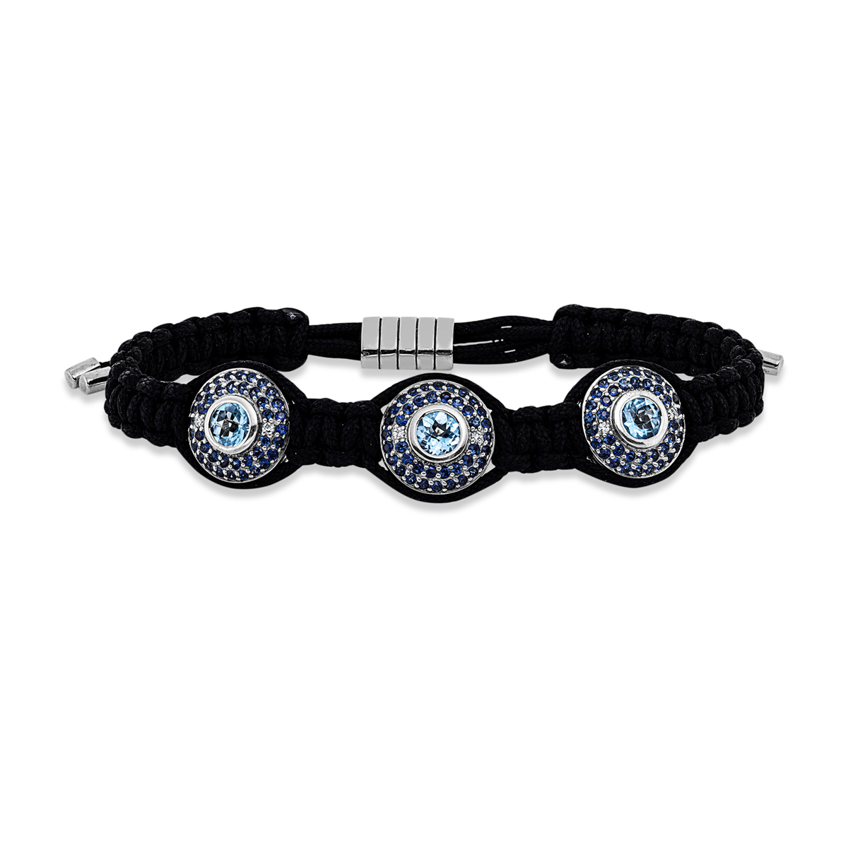 diamond full cut sapphire leather & textile band bracelet in white gold