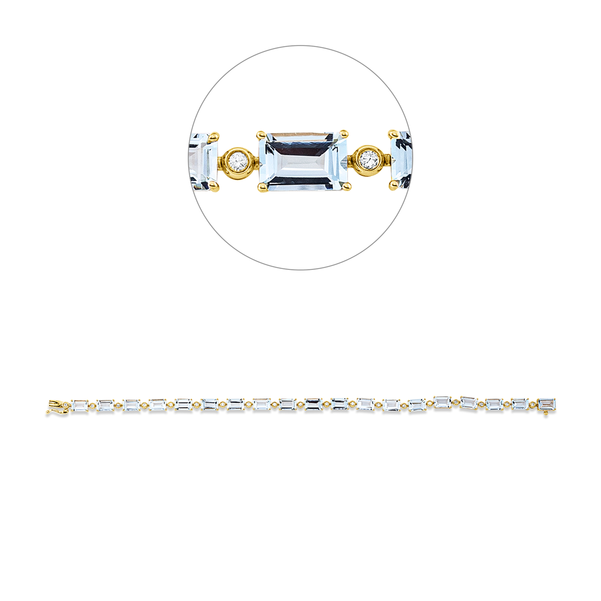 diamond full cut aquamarine colored stone classic bracelet in yellow gold