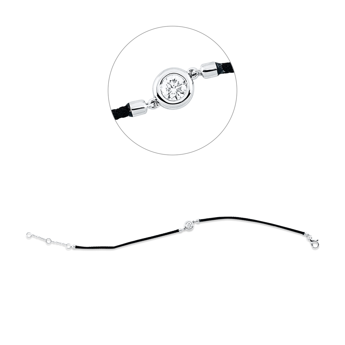 diamond full cut  leather & textile band bracelet in white gold