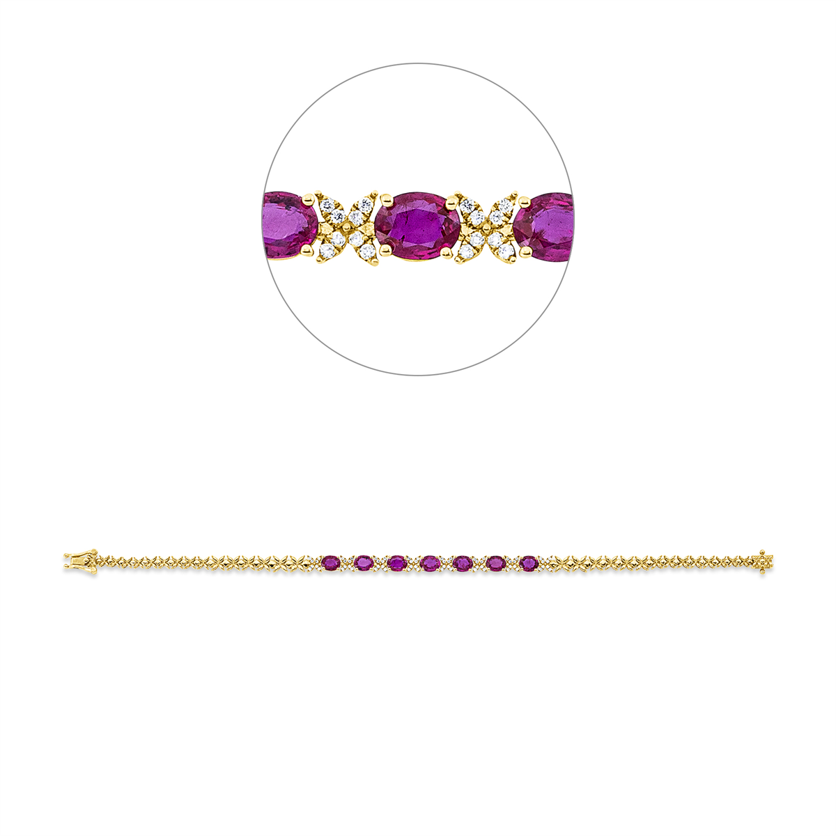 diamond full cut ruby colored stone classic bracelet in yellow gold