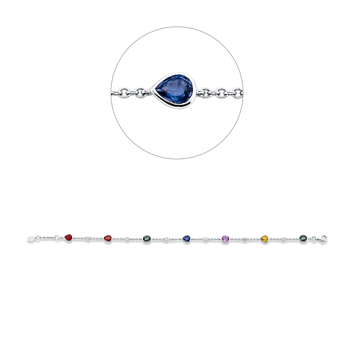 diamond full cut sapphire colored stone classic bracelet in white gold
