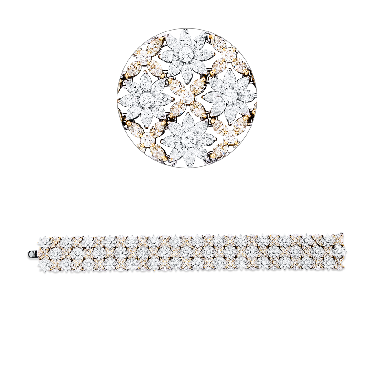 diamond full cut  fancy colored diamond bracelet in white gold / yellow gold
