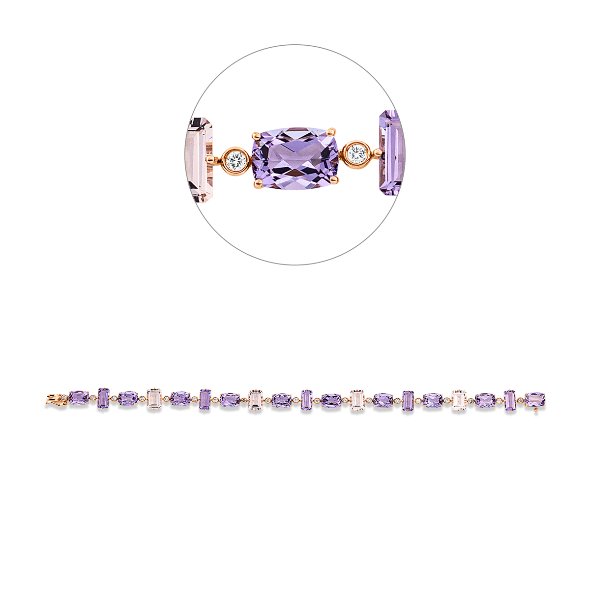 diamond full cut amethyst colored stone fashion bracelet in red gold