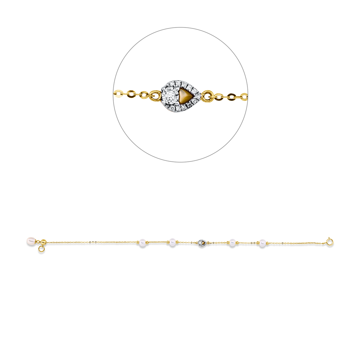 diamond full cut MOP pearl bracelet in yellow gold