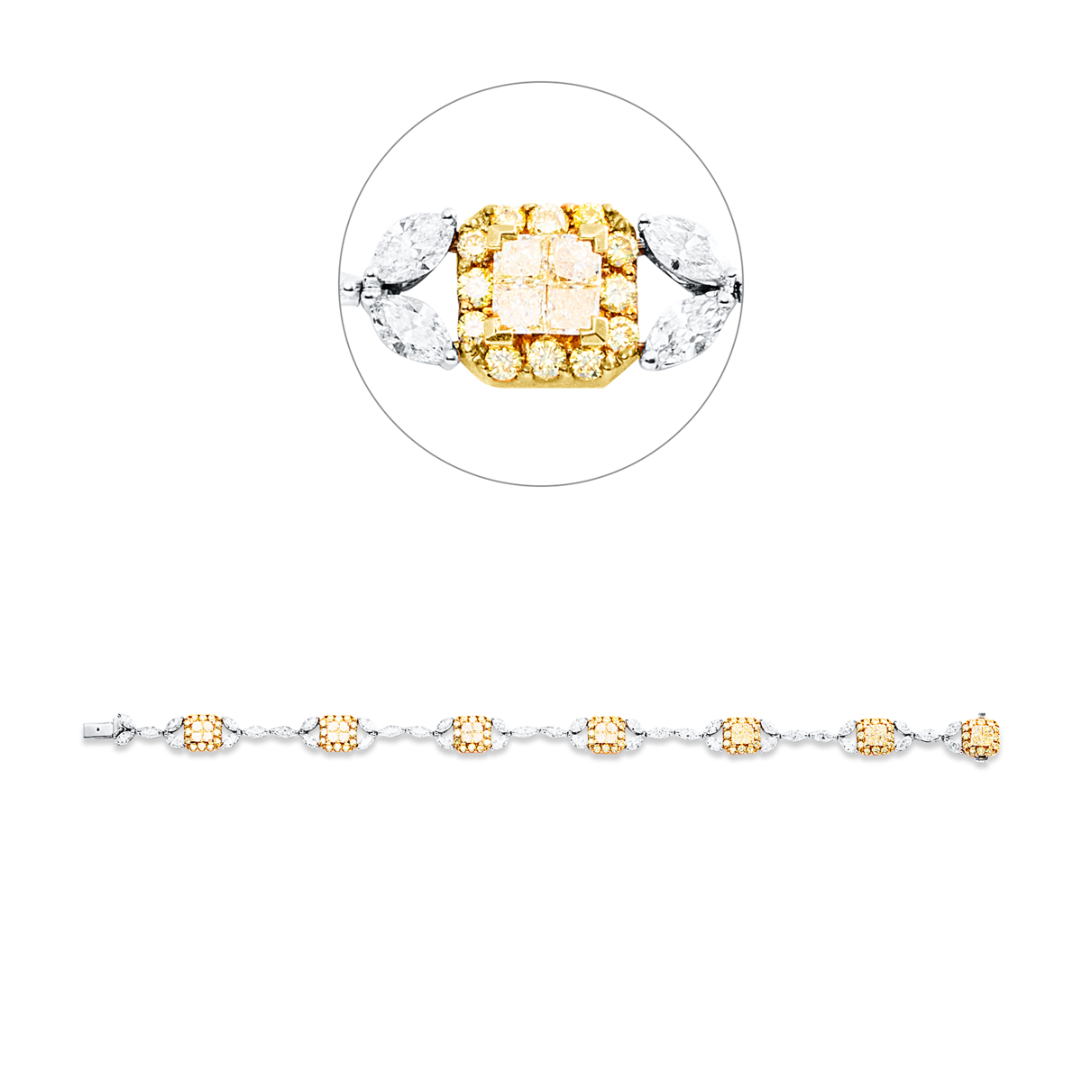 marquise  fancy colored diamond bracelet in yellow gold / white gold