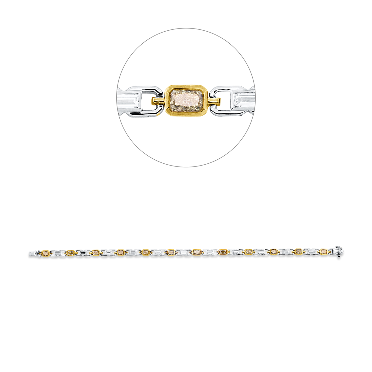 baguette  fancy colored diamond bracelet in white gold / yellow gold