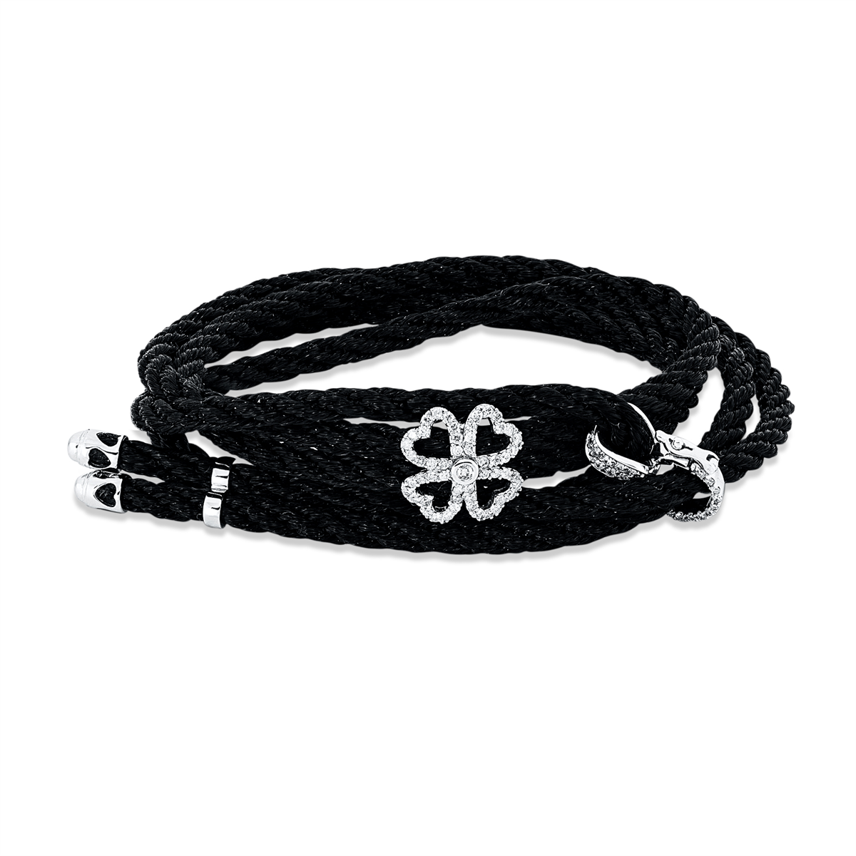 diamond full cut  leather & textile band bracelet in white gold