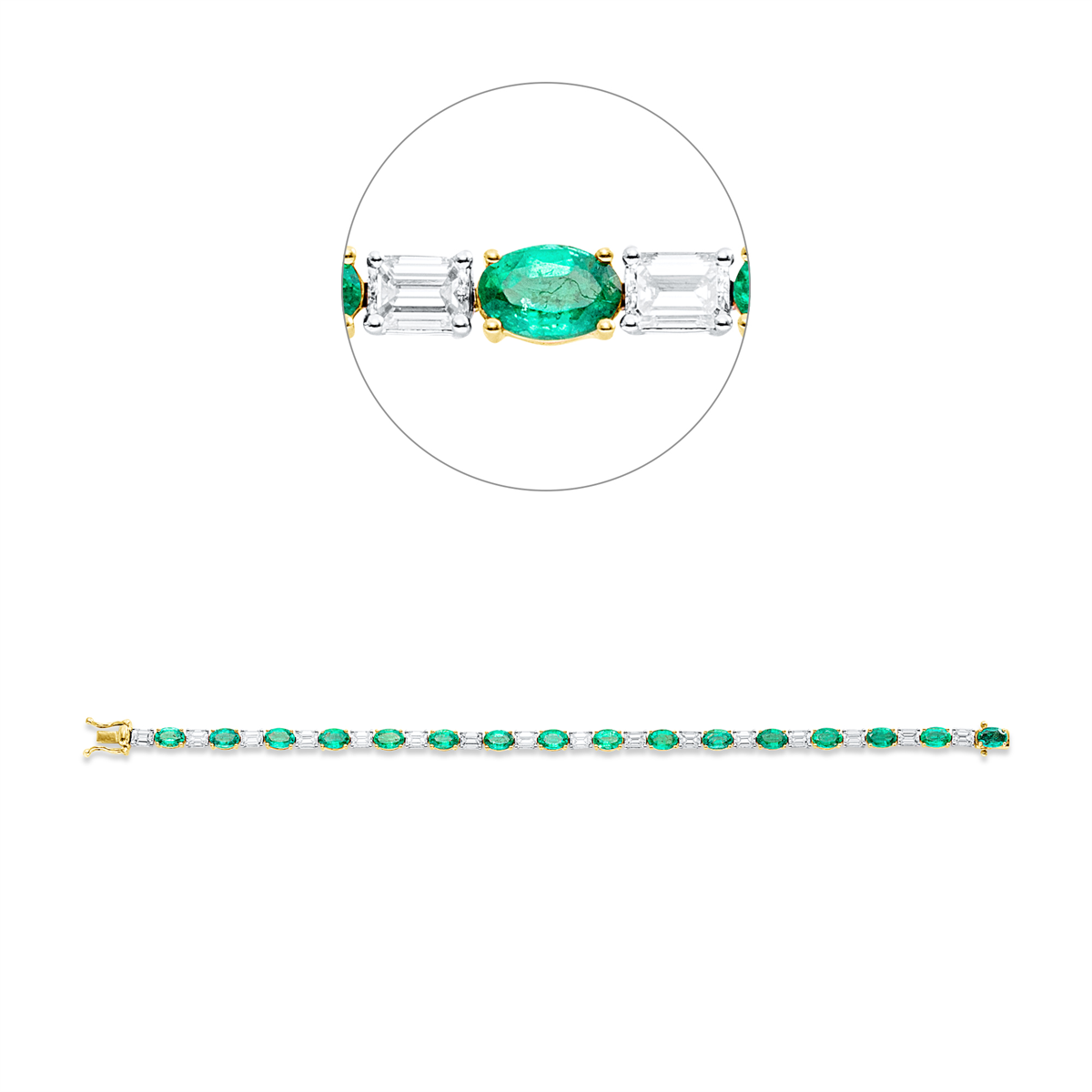 baguette emerald colored stone classic bracelet in yellow gold platinum 950