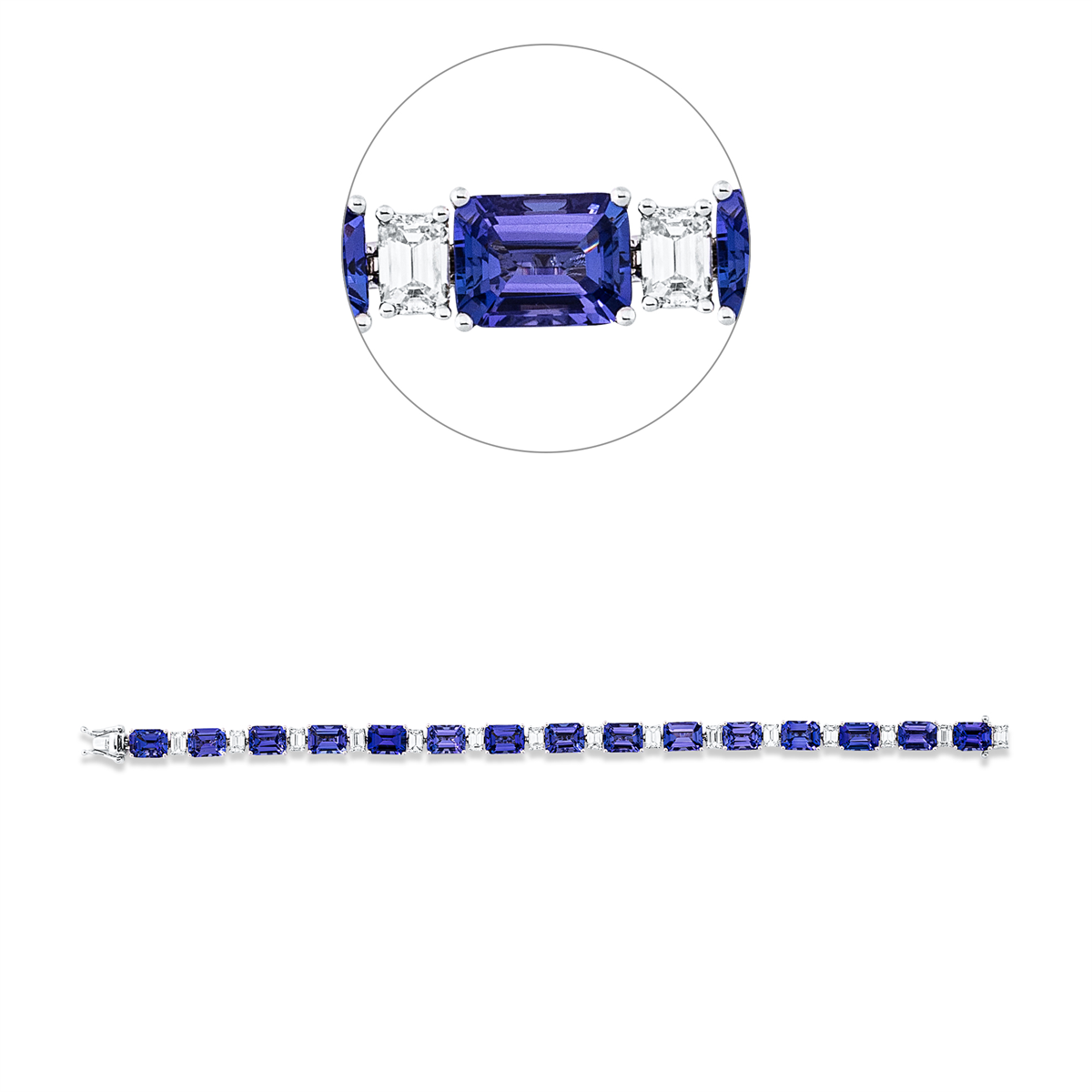 baguette tanzanite colored stone classic bracelet in white gold platinum 950