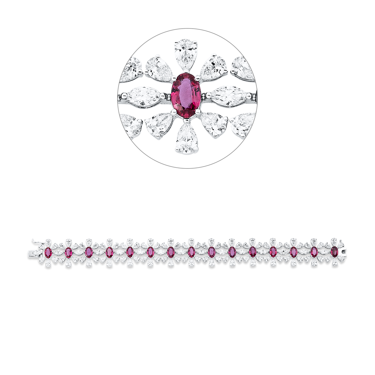 pear shape ruby colored stone classic bracelet in white gold