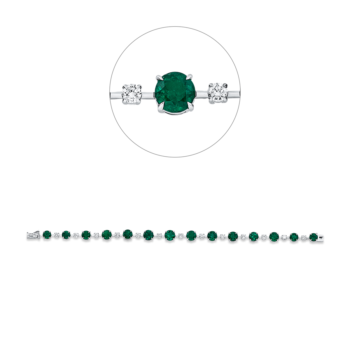 diamond full cut emerald colored stone classic bracelet in white gold