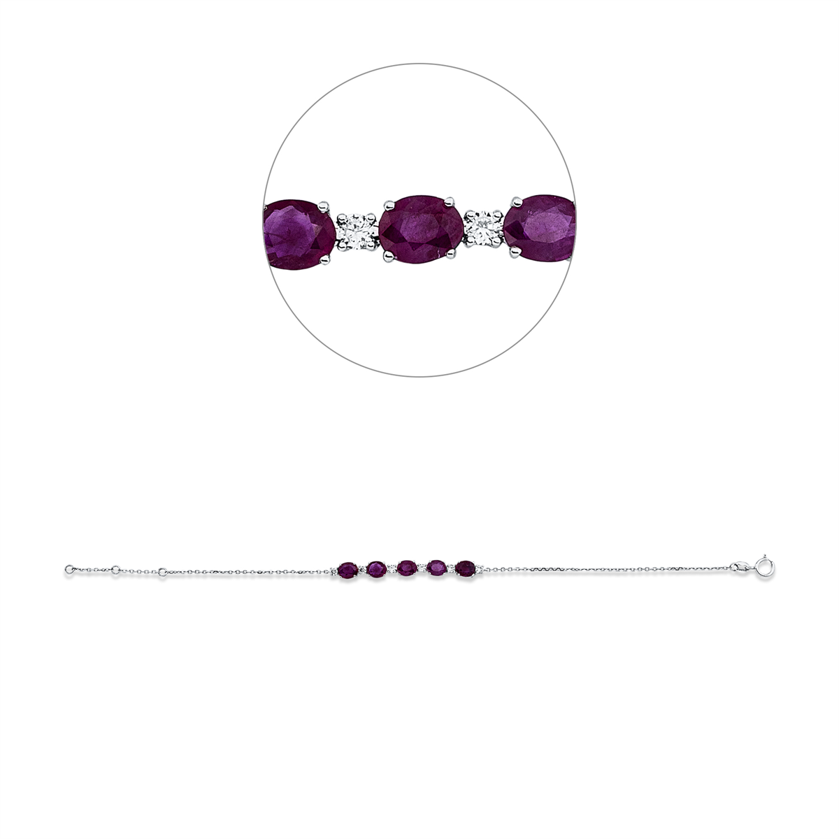 diamond full cut ruby colored stone classic bracelet in white gold