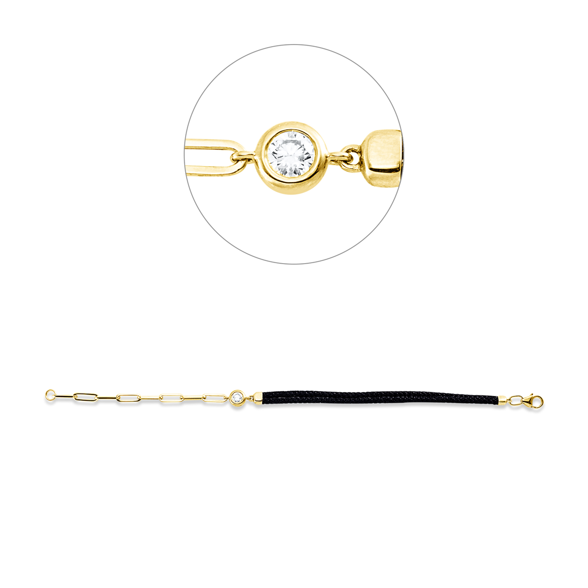 diamond full cut  leather & textile band bracelet in yellow gold