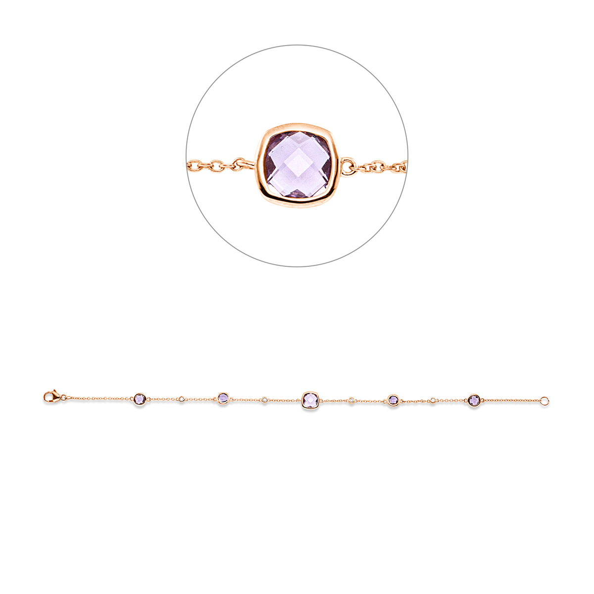 diamond full cut amethyst colored stone fashion bracelet in red gold