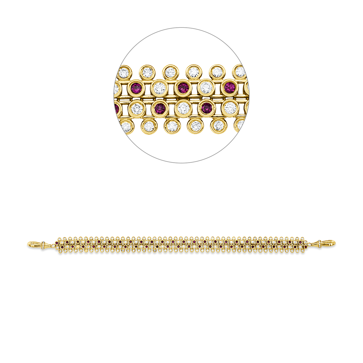 diamond full cut ruby colored stone classic bracelet in yellow gold