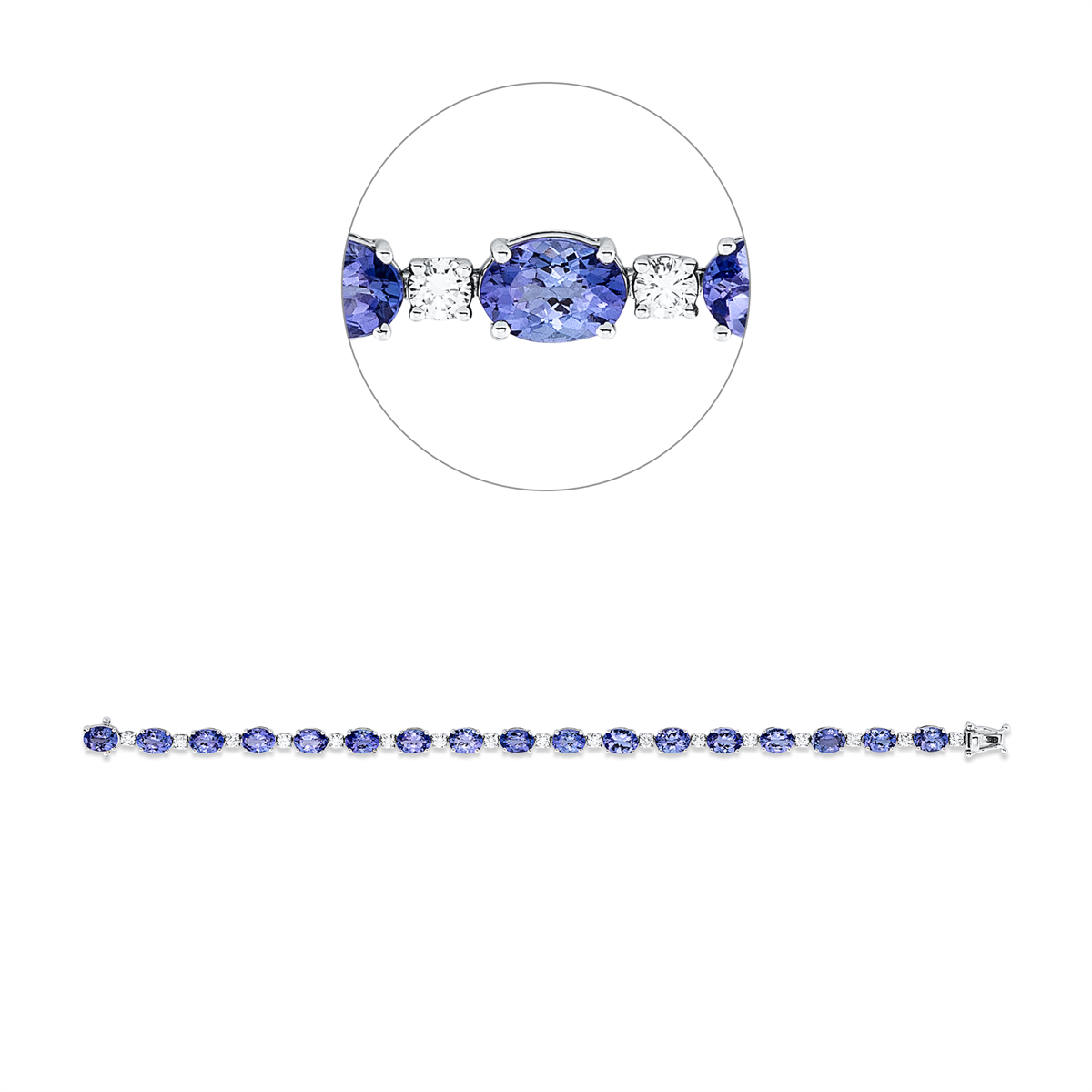 diamond full cut tanzanite colored stone classic bracelet in white gold platinum 950