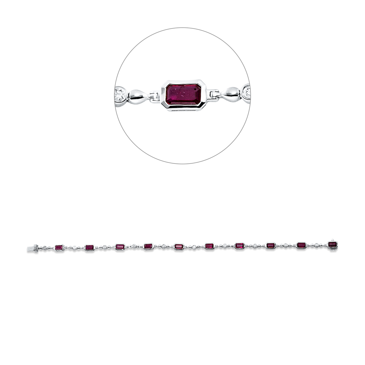 diamond full cut ruby colored stone classic bracelet in white gold
