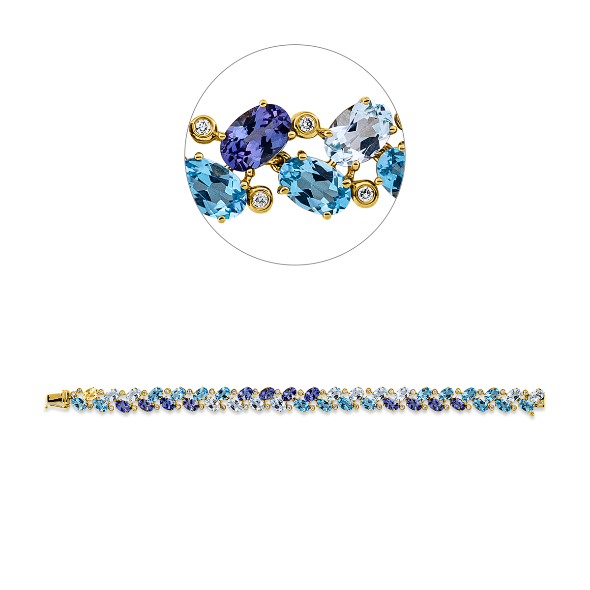 diamond full cut tanzanite colored stone fashion bracelet in yellow gold