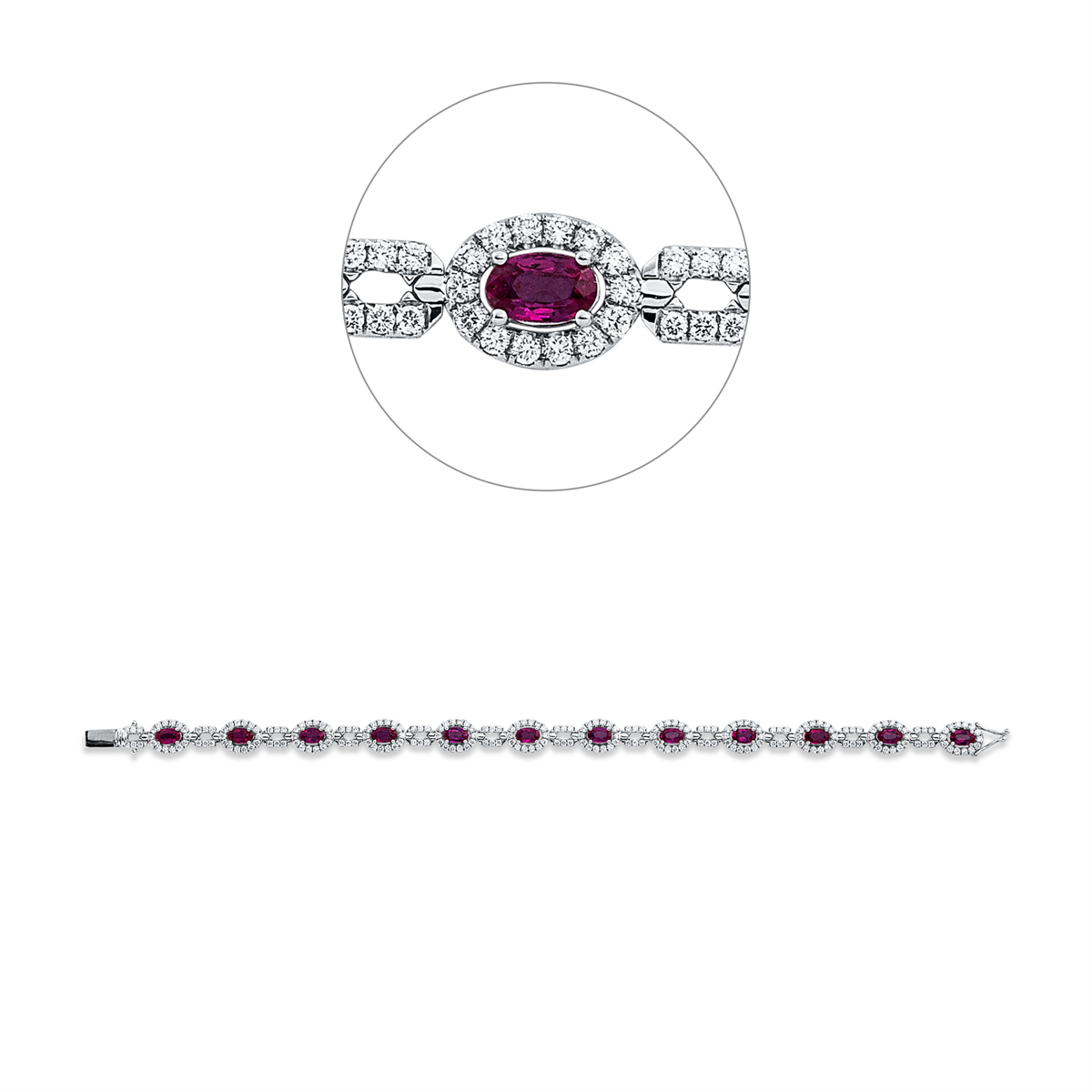 diamond full cut ruby colored stone classic bracelet in white gold