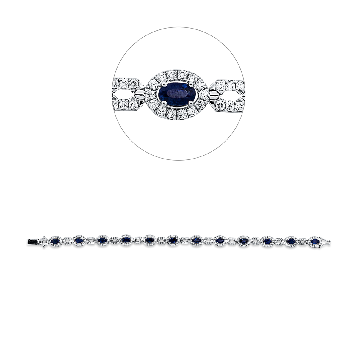 diamond full cut sapphire colored stone classic bracelet in white gold