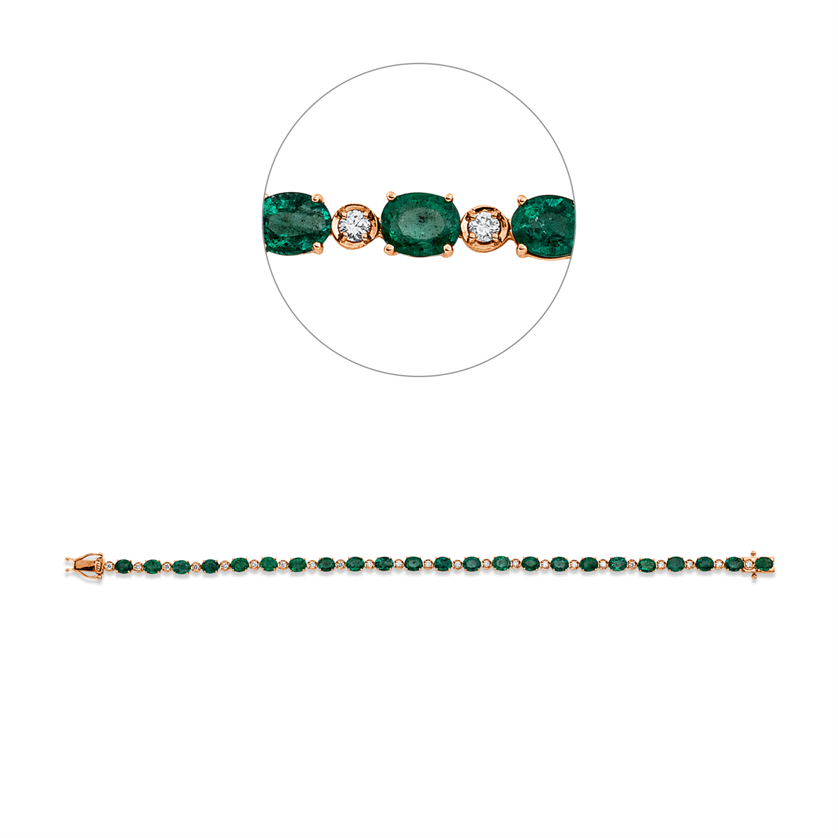 diamond full cut emerald colored stone classic bracelet in red gold