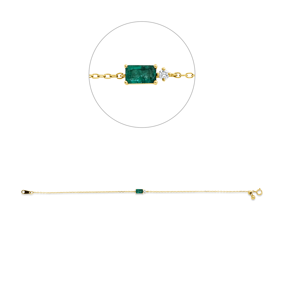 diamond full cut emerald colored stone classic bracelet in yellow gold
