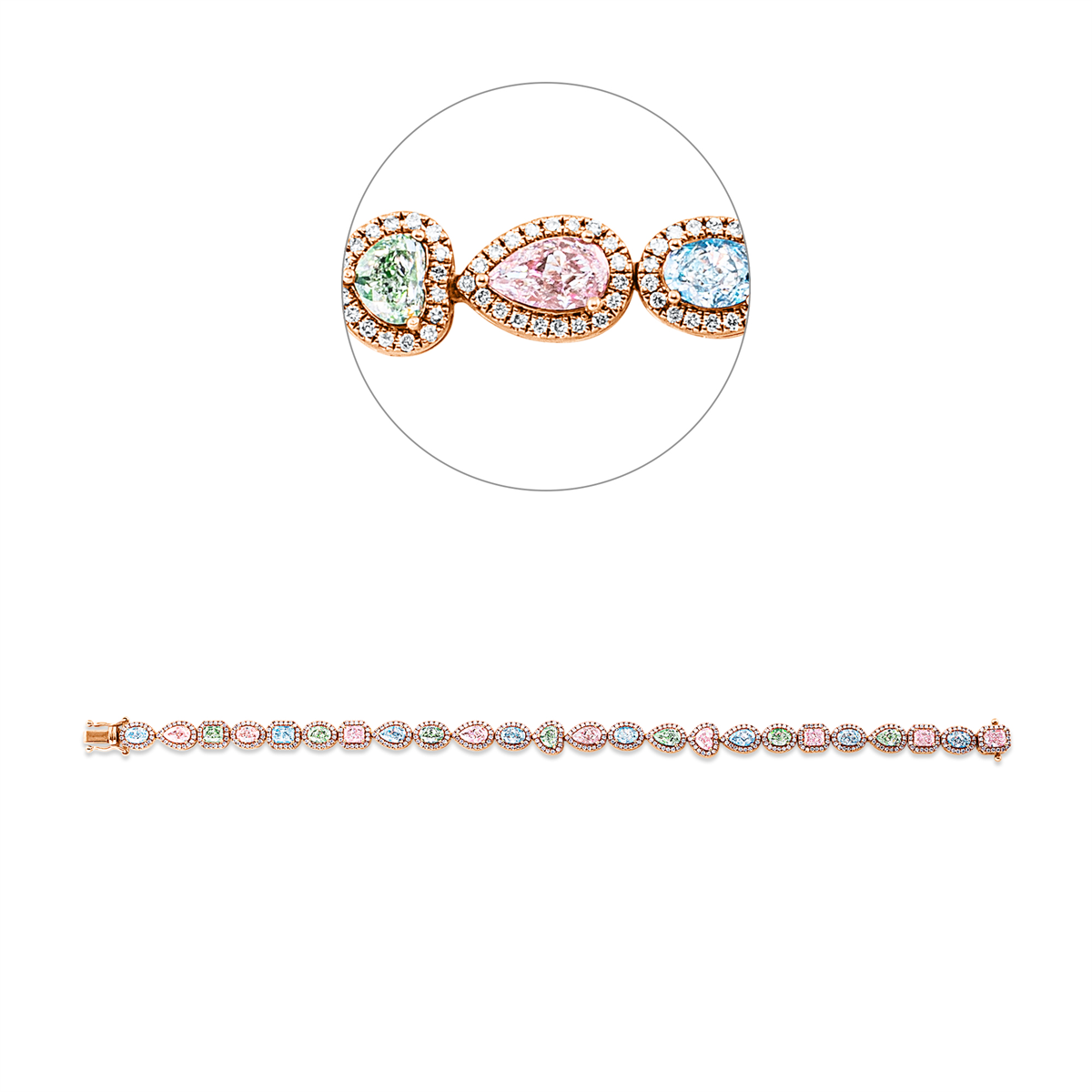diamond full cut  fancy colored diamond bracelet in red gold