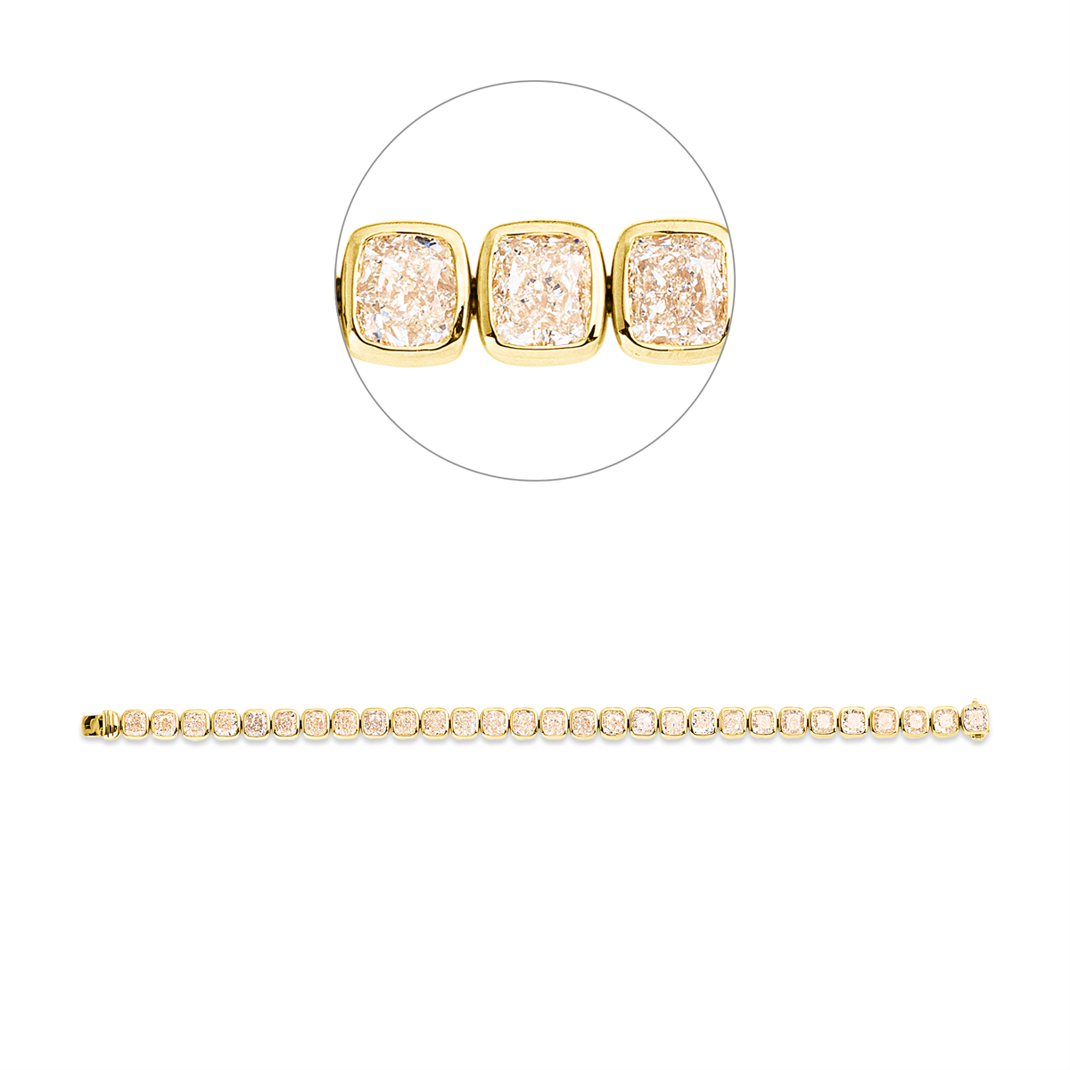 cushion  fancy colored diamond bracelet in yellow gold