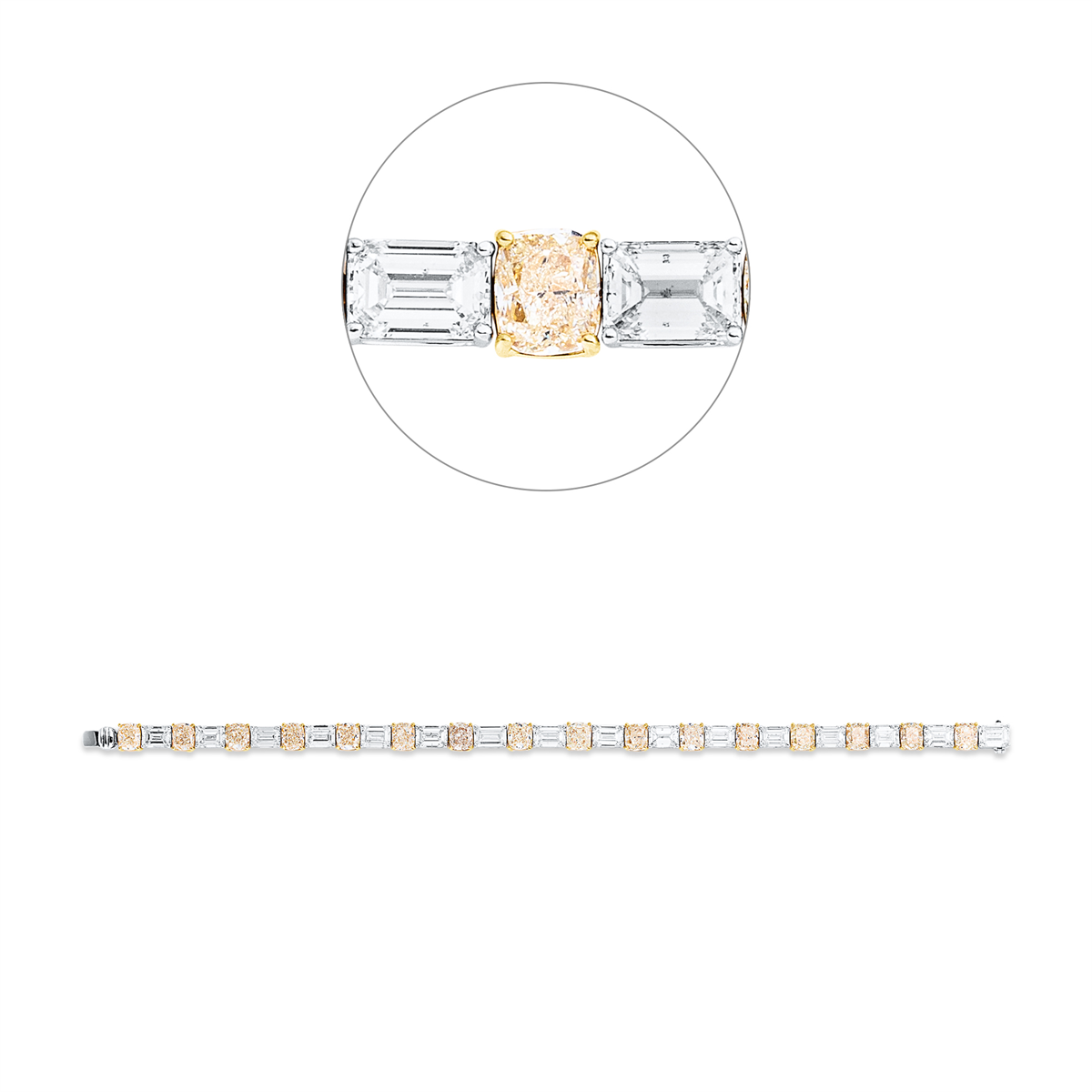 emerald cut  fancy colored diamond bracelet in white gold / yellow gold