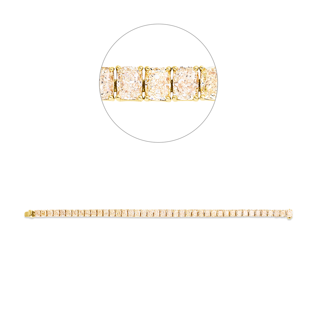 cushion  fancy colored diamond bracelet in yellow gold