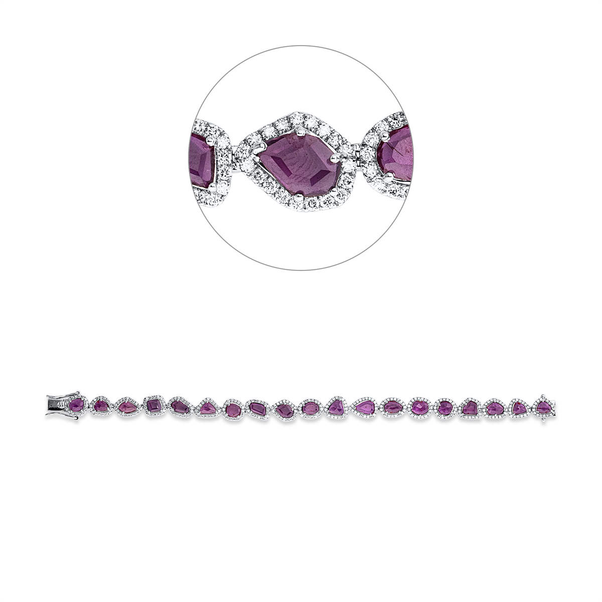 diamond full cut ruby colored stone classic bracelet in white gold