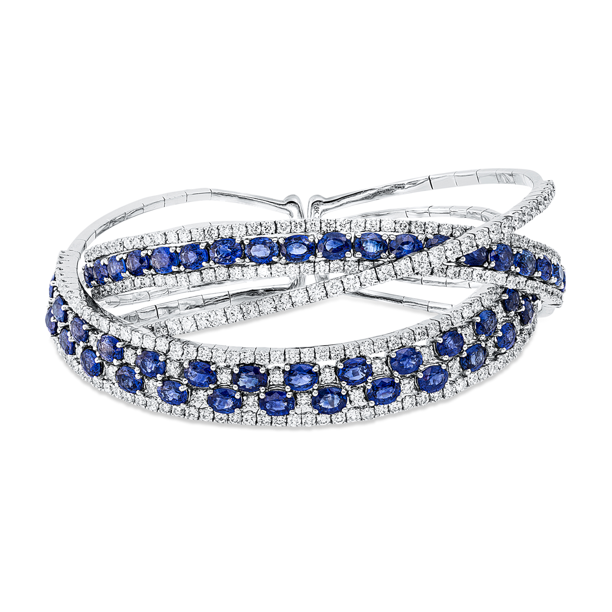 diamond full cut sapphire colored stone classic bangle in white gold