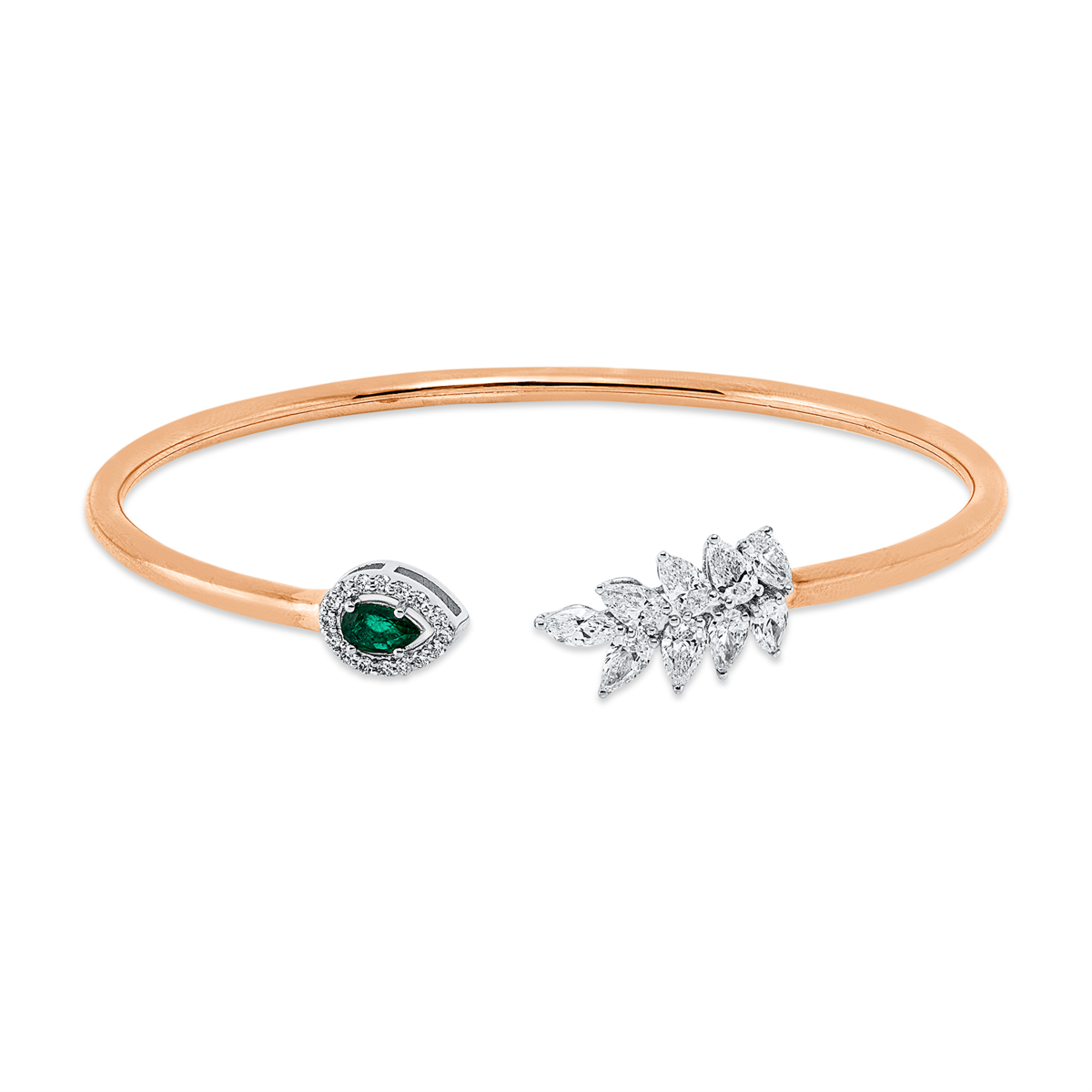 diamond full cut emerald colored stone classic bangle in red gold / white gold