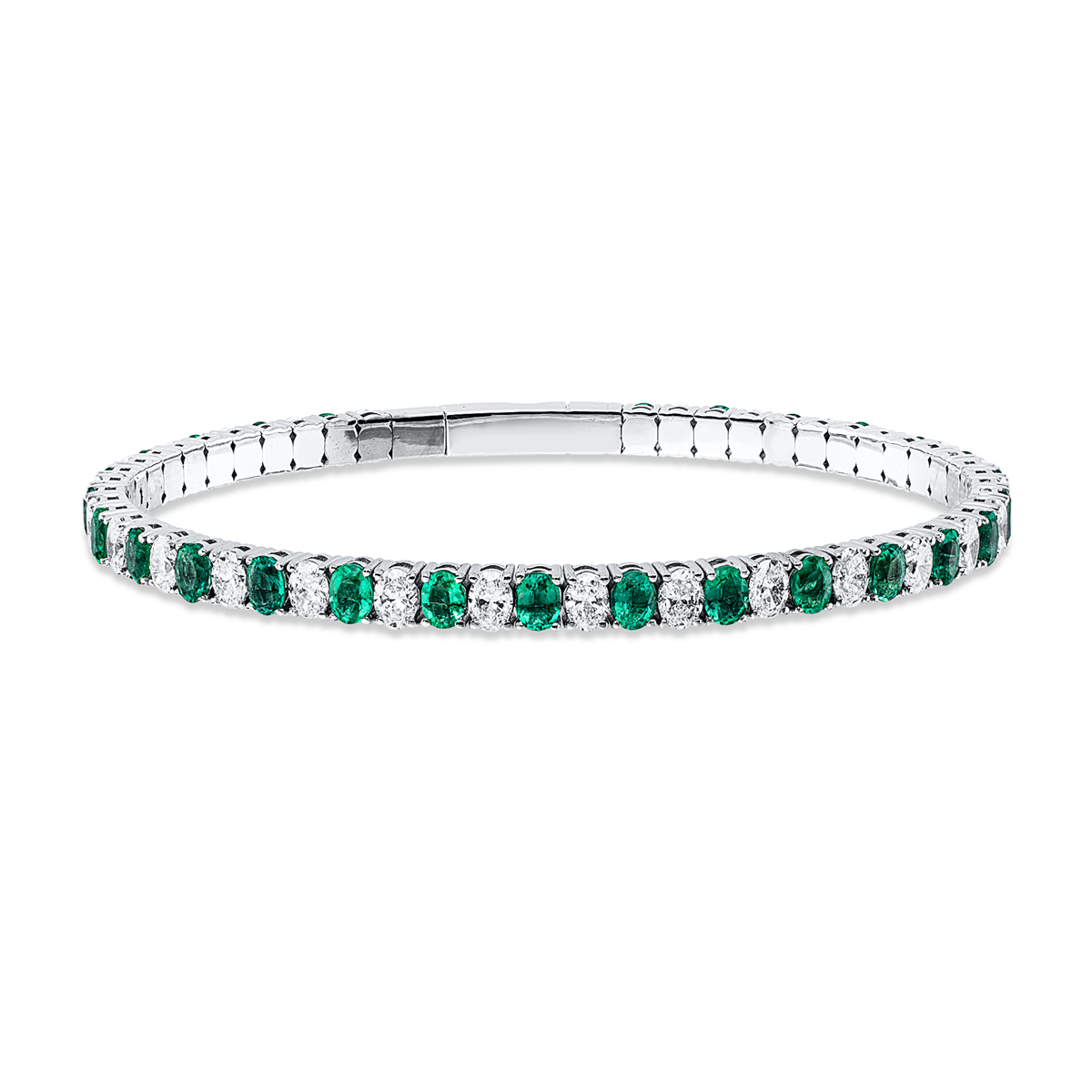 oval emerald colored stone classic bangle in white gold