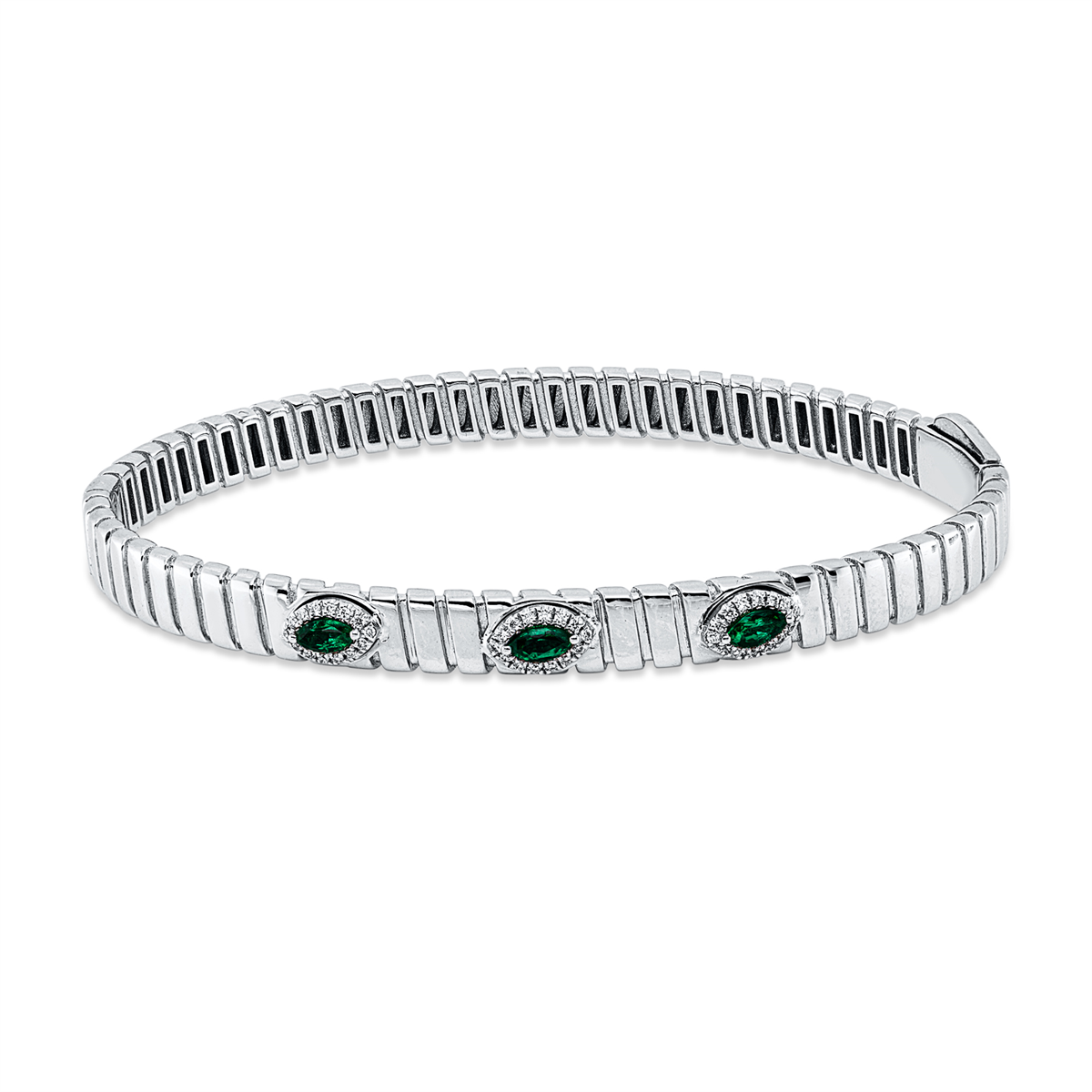 diamond full cut emerald colored stone classic bangle in white gold