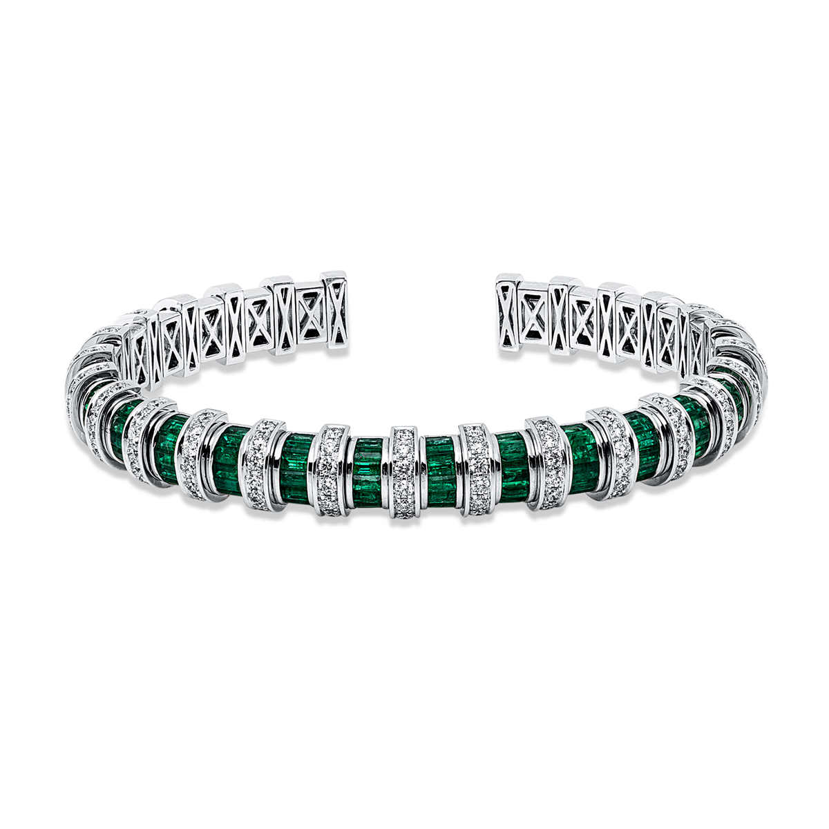 diamond full cut emerald colored stone classic bangle in white gold